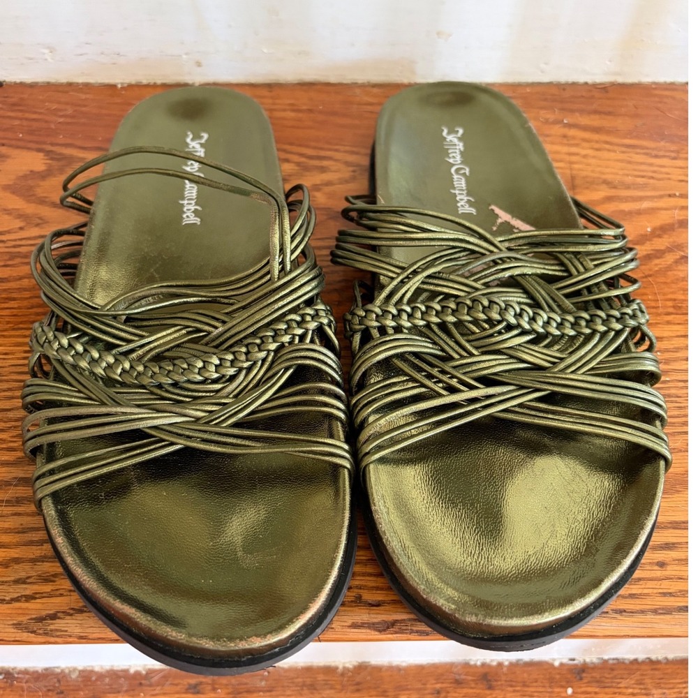 Jeffrey‎ Campbell Metallic Olive Green Strappy Woven Slide Sandals Womens 10